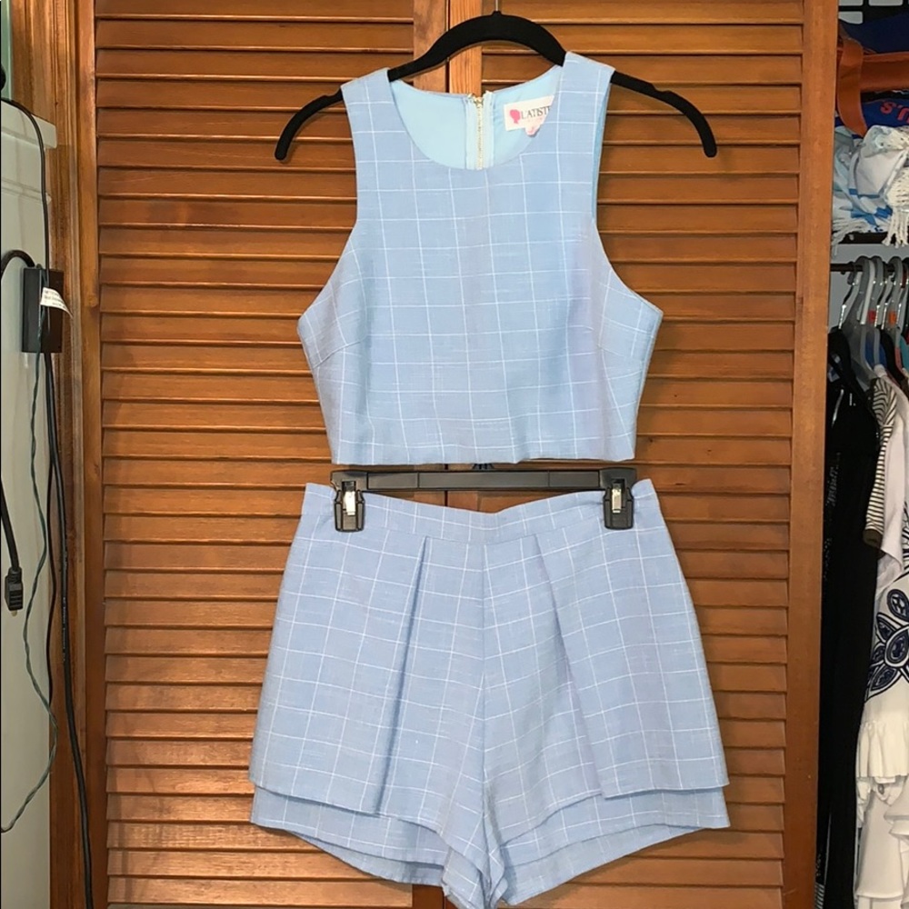 Blue with lined patterned two piece romper